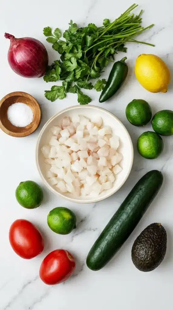 Ceviche Salad ingredients with white fish, lime, avocado, cucumber, tomato, onion, jalapeno, and cilantro