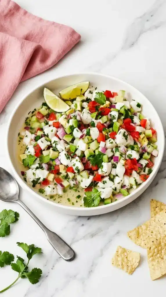 Ceviche Salad with avocado, lime, cilantro, vegetables, and crispy tortilla chips
