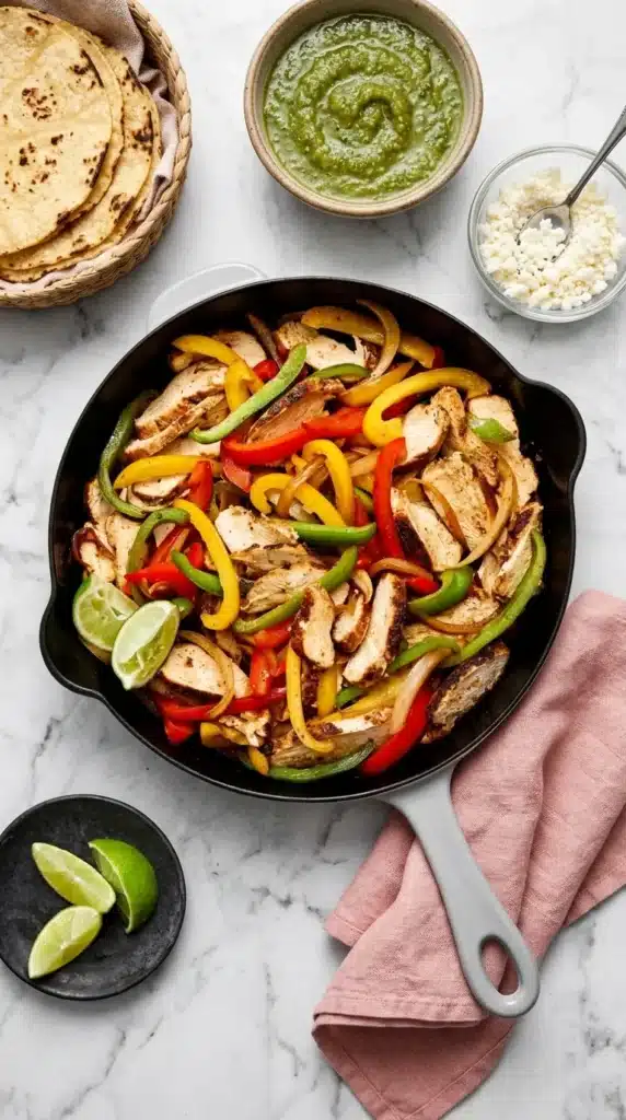 Chicken Fajitas with grilled chicken, colorful peppers, onions, and lime in a cast iron skillet