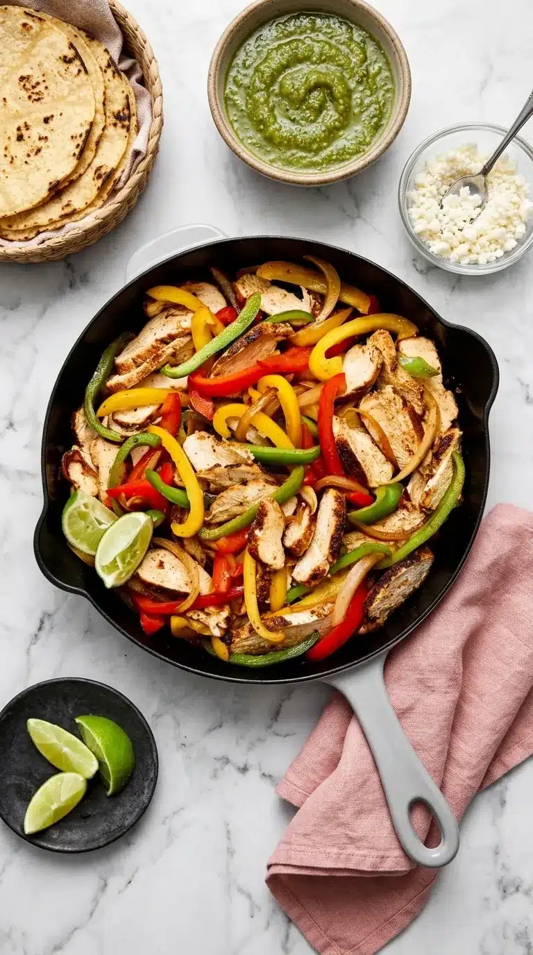 home 7 Chicken Fajitas with grilled chicken, colorful peppers, onions, and lime in a cast iron skillet