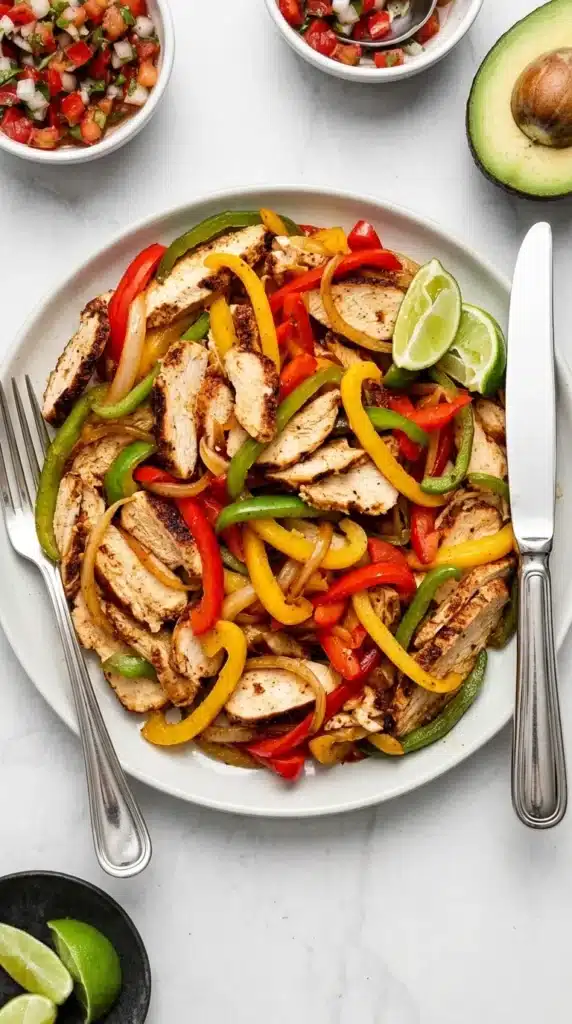 Chicken Fajitas Recipe | Amazing Easy 30 Minute Meal 8 Chicken Fajitas ready to serve with grilled chicken, peppers, onions, and fresh lime