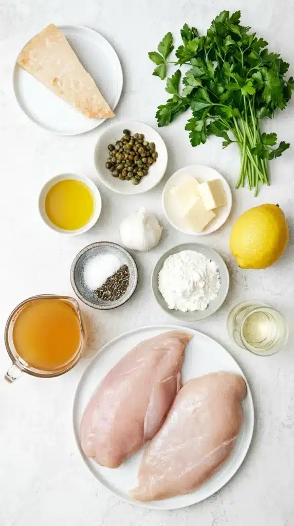 Chicken Piccata ingredients with chicken, lemon, capers, Parmesan, garlic, butter, parsley, and broth