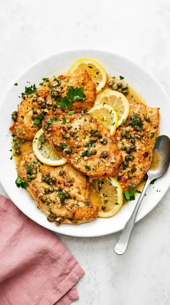 Chicken Piccata with golden chicken, lemon butter sauce, capers, parsley, and fresh lemon slices