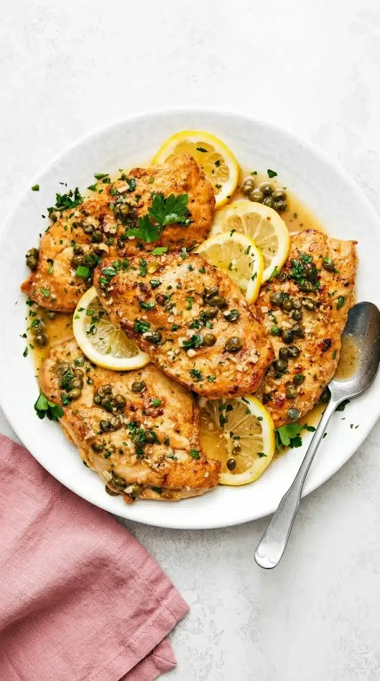 Chicken Piccata with golden chicken, lemon butter sauce, capers, parsley, and fresh lemon slices