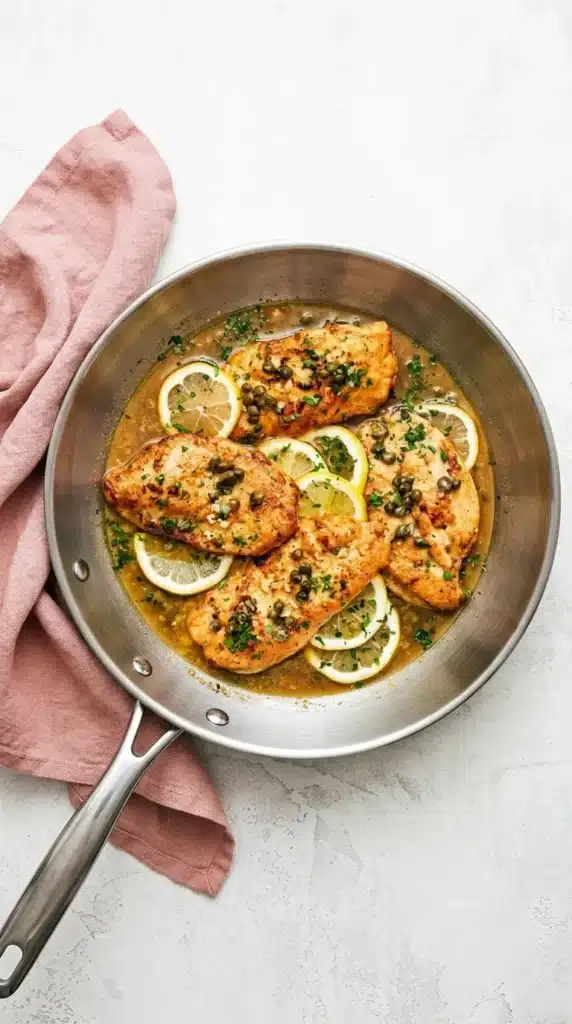 Chicken Piccata in a skillet with lemon butter sauce, capers, parsley, and lemon slices