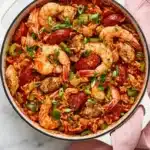 Jambalaya recipe : Easy, Powerful One Pot Dinner 11 Chicken, sausage, and shrimp jambalaya with Cajun rice, peppers, green onions, and parsley