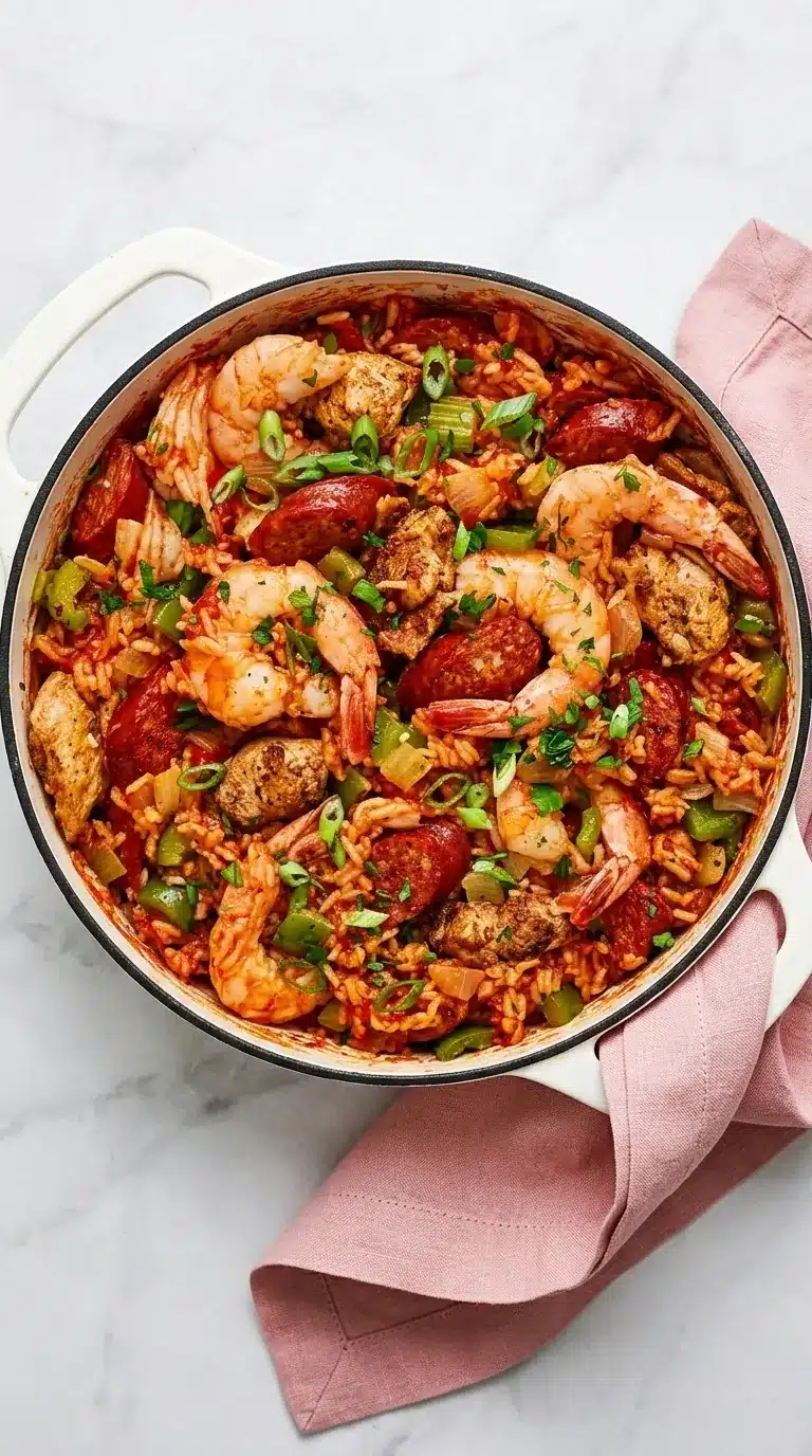 Chicken, sausage, and shrimp jambalaya with Cajun rice, peppers, green onions, and parsley