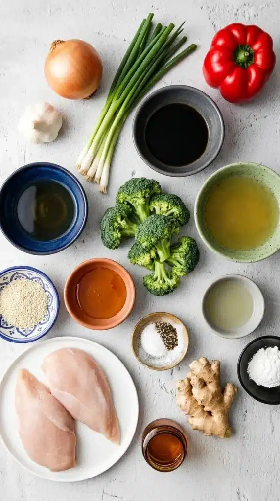 Chicken Stir Fry ingredients including chicken, broccoli, peppers, carrots, and homemade sauce ingredients