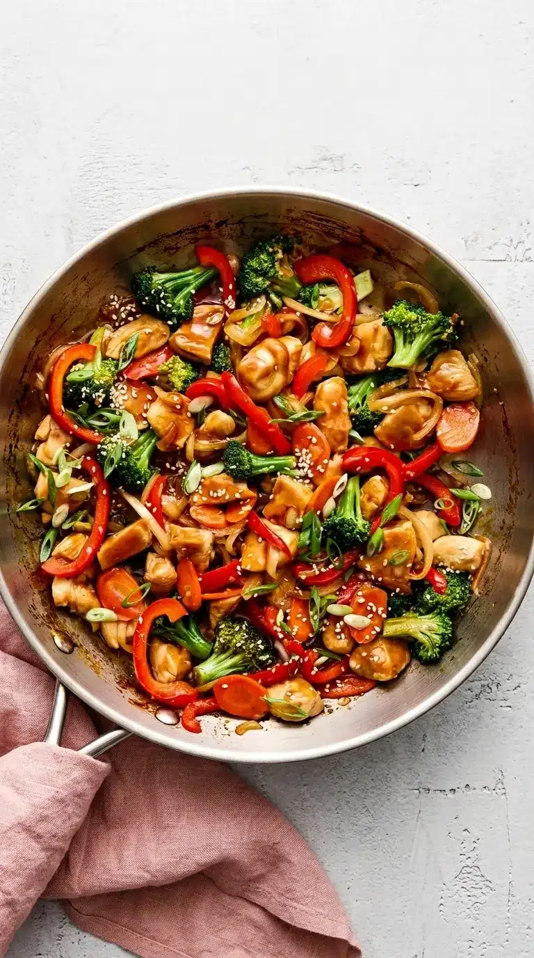 Chicken stir fry with broccoli, bell peppers, carrots, and homemade sauce in a skillet
