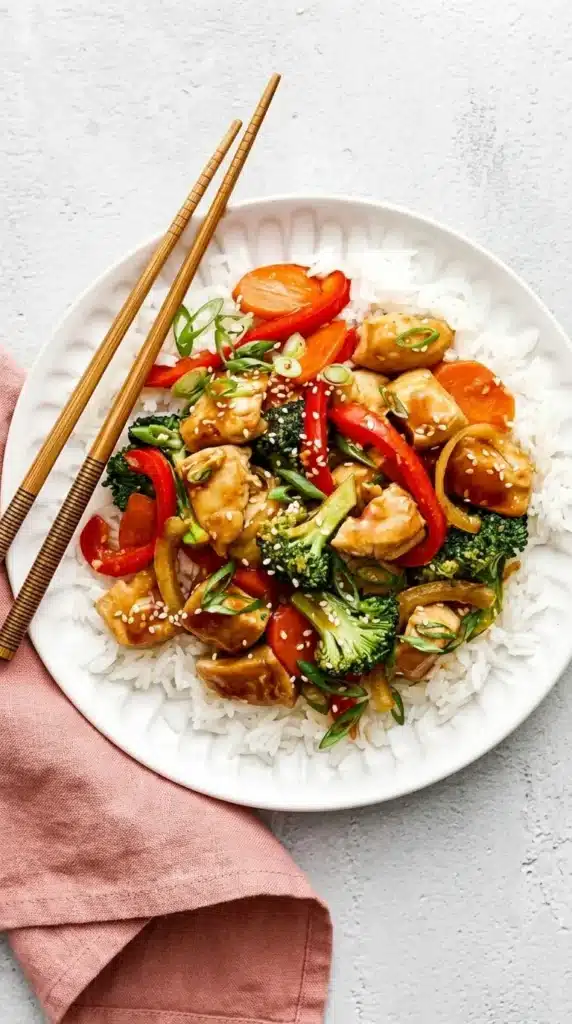 Chicken Stir Fry served over white rice with broccoli, peppers, and homemade stir fry sauce