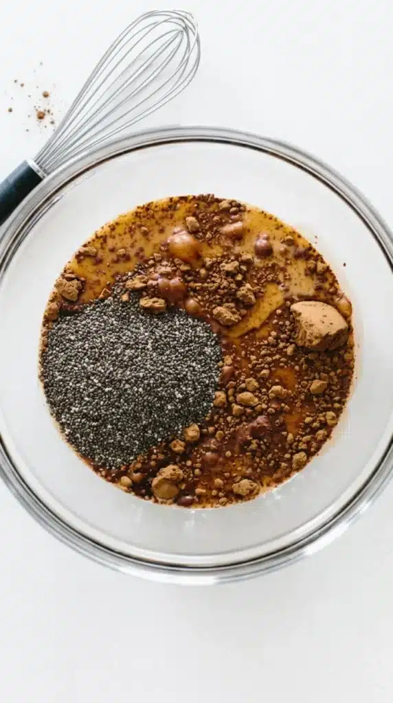 Chocolate Chia Pudding ingredients in a glass bowl before whisking