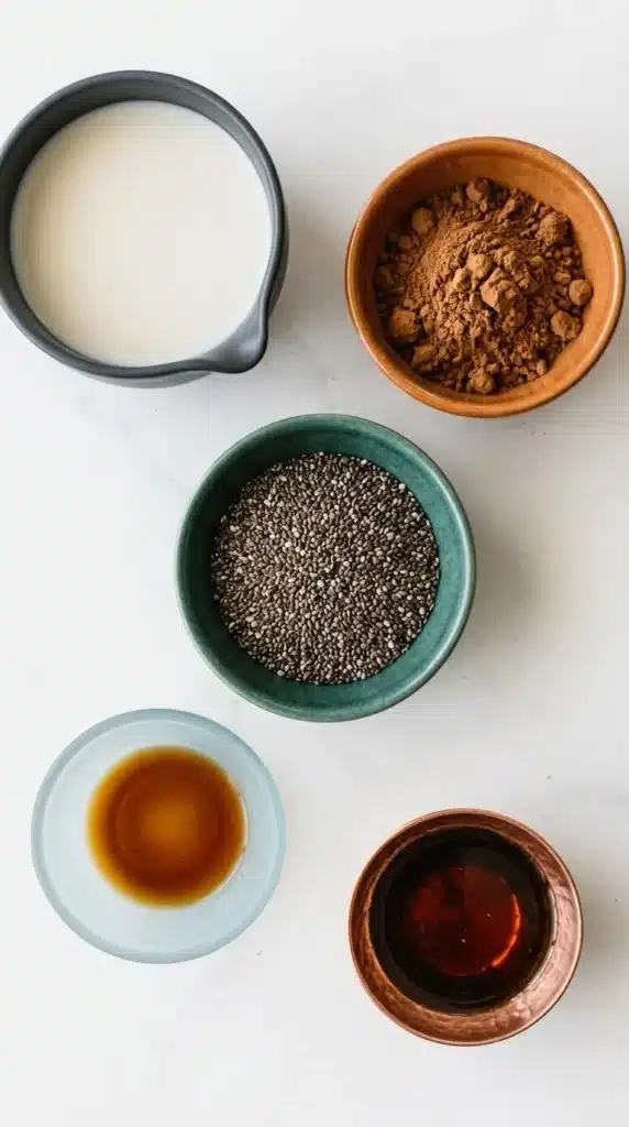 Chocolate Chia Pudding ingredients with chia seeds, cacao, milk, vanilla, and maple syrup