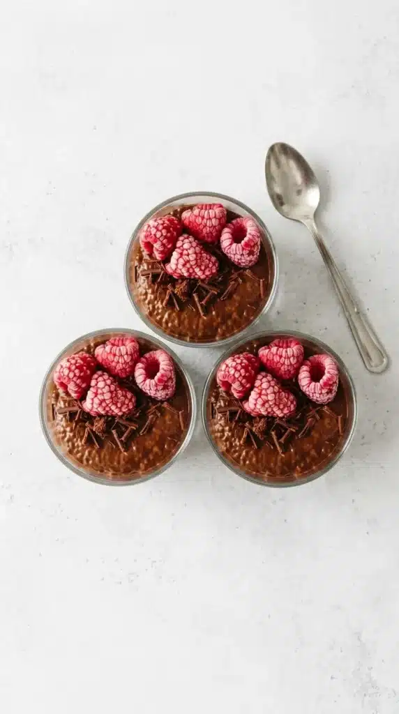 Chocolate Chia Pudding topped with raspberries and dark chocolate curls