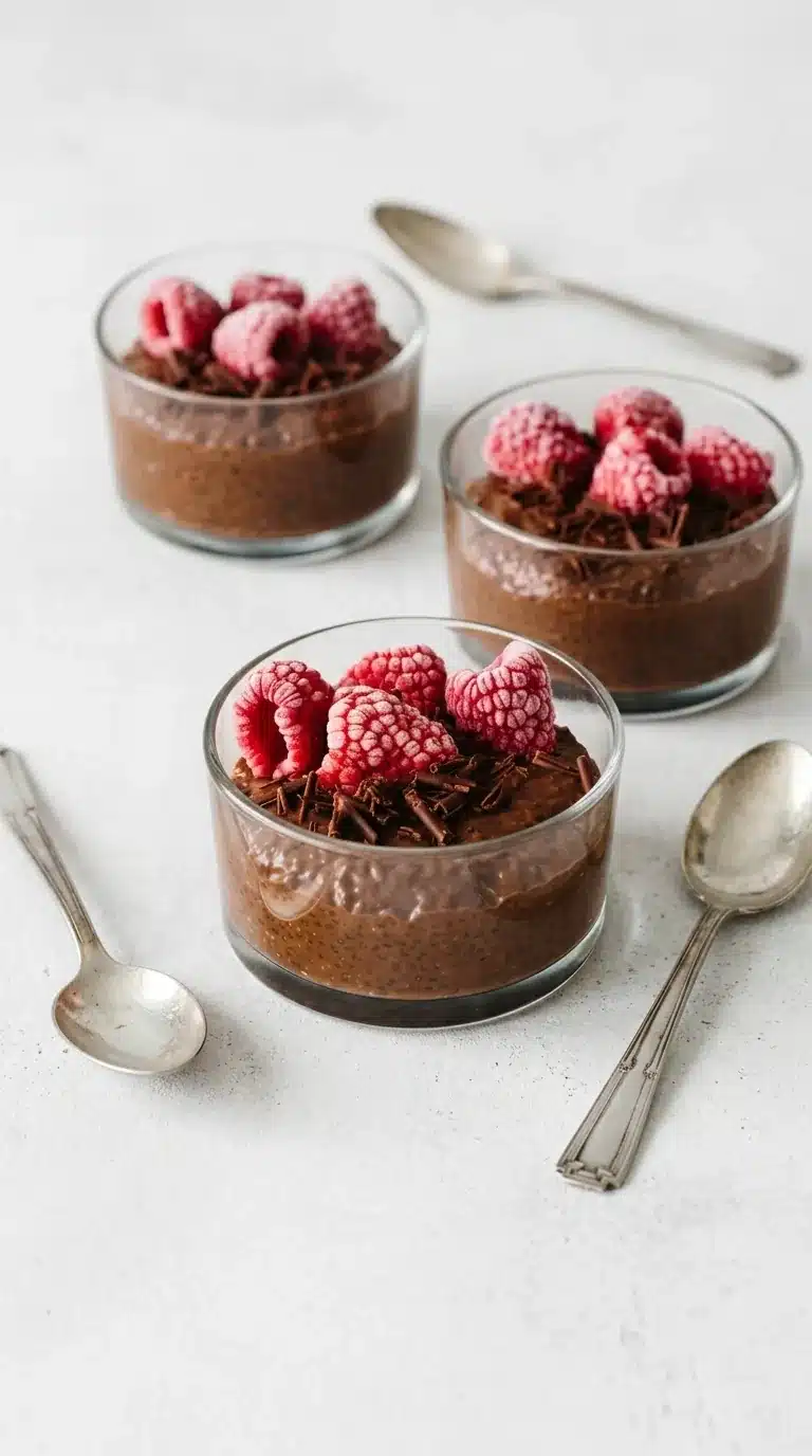 Chocolate Chia Pudding topped with raspberries and dark chocolate shavings