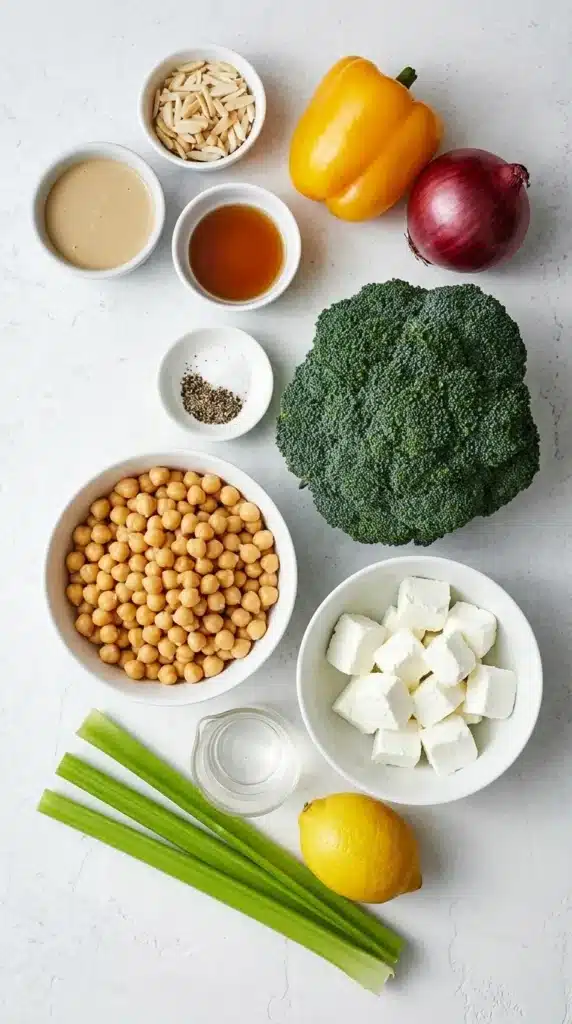 Chopped Broccoli and Chickpea Salad | Amazing Easy Lunch Recipe 7 Chopped Broccoli and Chickpea Salad ingredients arranged for a healthy lunch recipe.