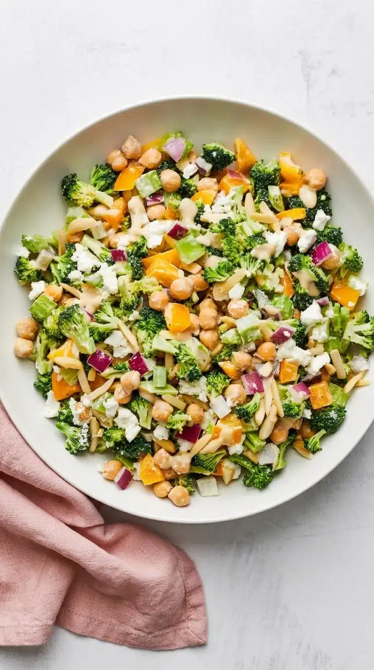 Chopped Broccoli and Chickpea Salad with tahini dressing, goat cheese, almonds, and fresh vegetables.