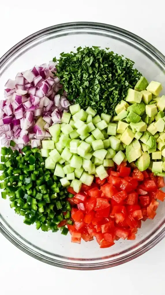 Chopped Ceviche Salad ingredients with avocado, tomato, cucumber, red onion, cilantro, and jalapeno