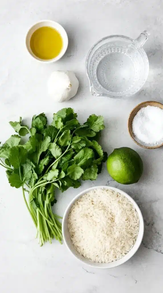 Cilantro Lime Rice ingredients with rice, cilantro, lime, garlic, olive oil, salt, and water.