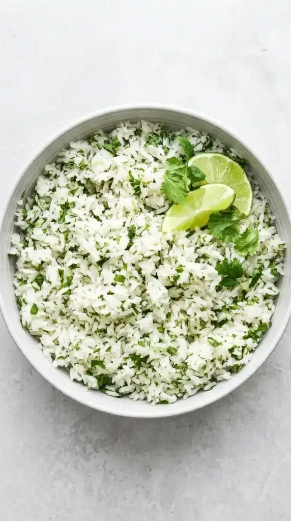 Fluffy cilantro lime rice with fresh cilantro and lime wedges in a ceramic bowl.
