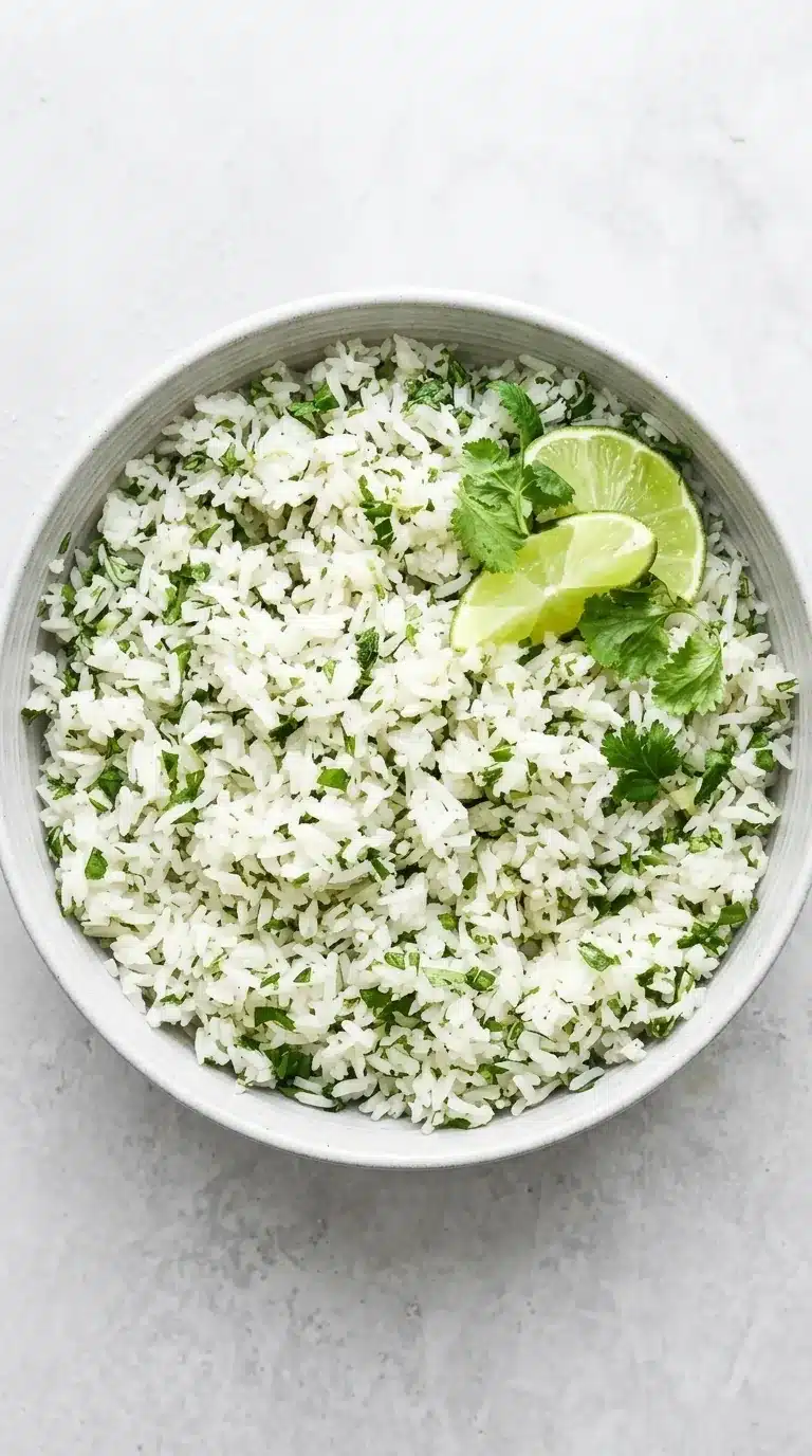 home 6 Fluffy cilantro lime rice with fresh cilantro and lime wedges in a ceramic bowl.