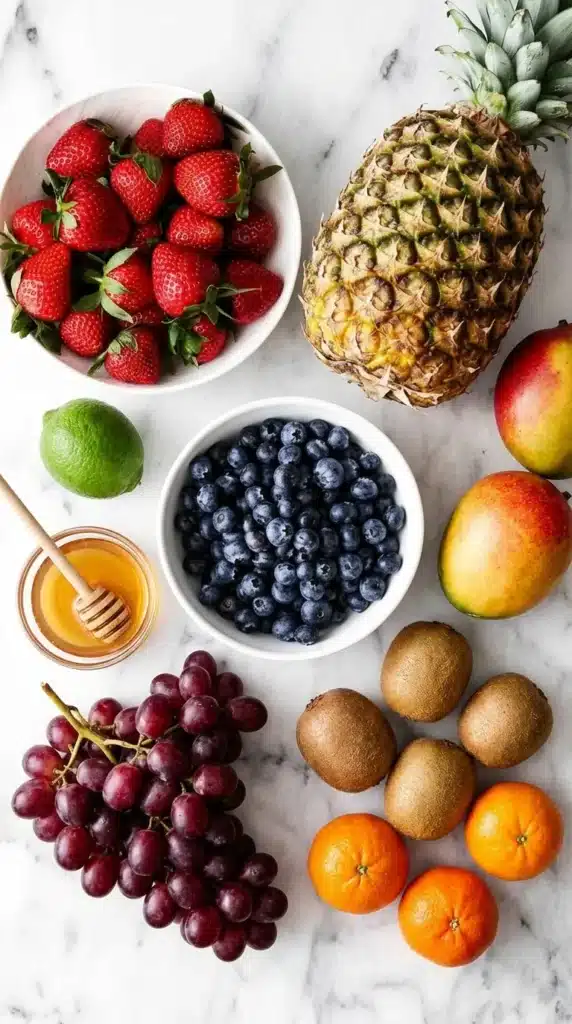 Classic Fruit Salad ingredients with strawberries, pineapple, grapes, kiwi, mango, blueberries, honey, and lime