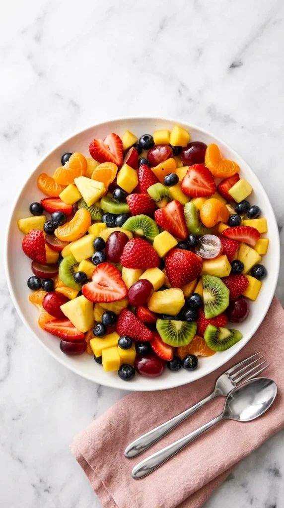 Classic Fruit Salad served with strawberries, kiwi, pineapple, grapes, blueberries, mango, and mandarins