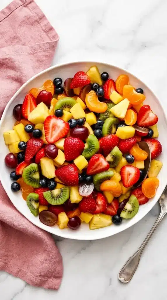 Classic Fruit Salad with strawberries, kiwi, pineapple, grapes, blueberries, mango, and mandarins
