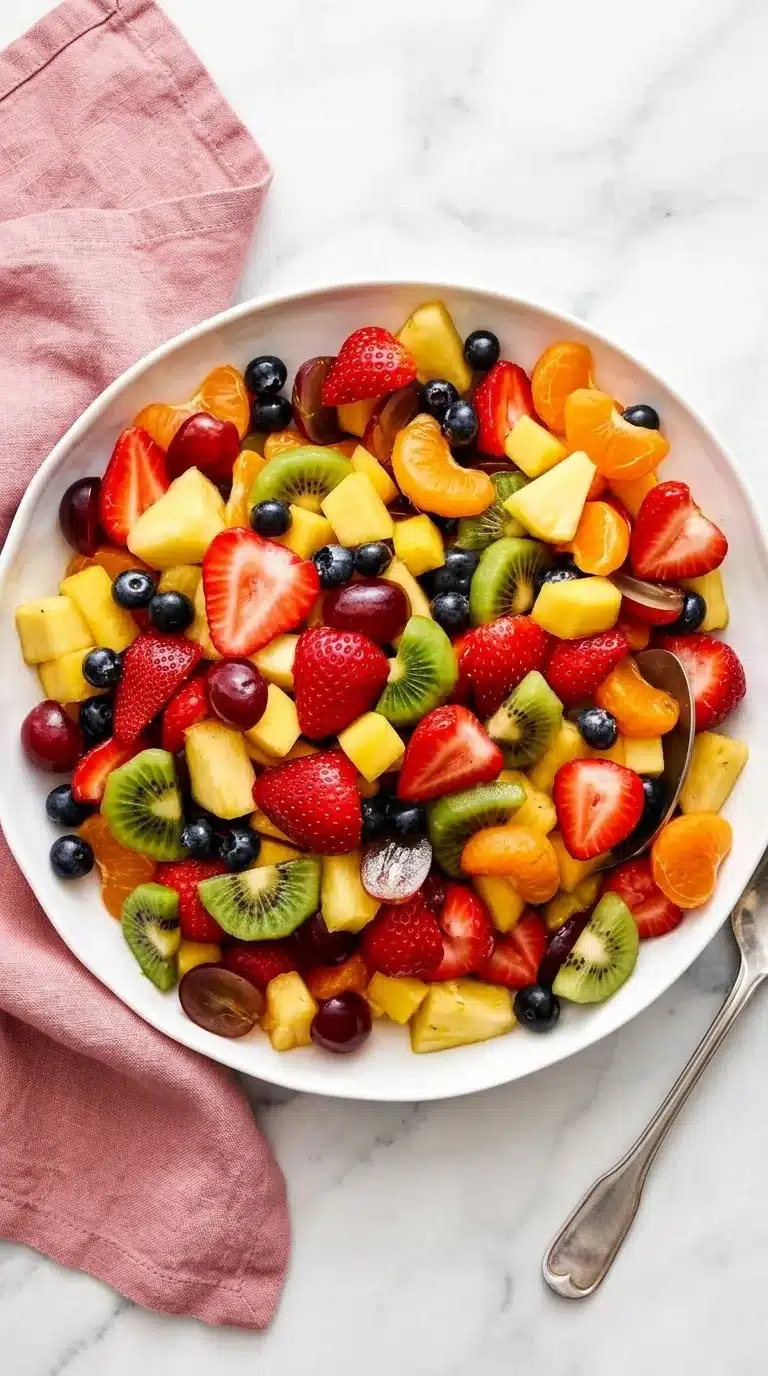 Classic Fruit Salad with strawberries, kiwi, pineapple, grapes, blueberries, mango, and mandarins