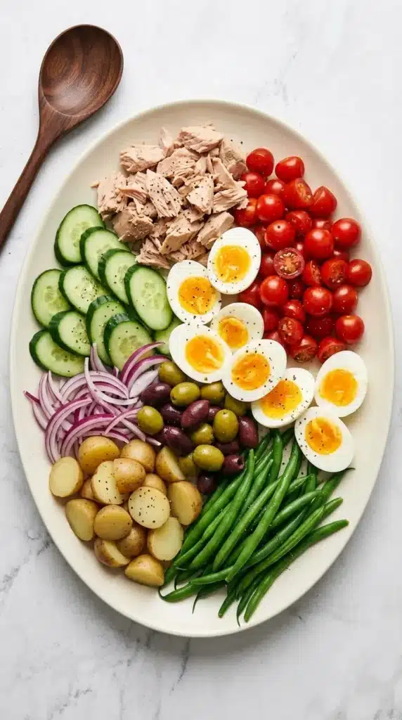 Niçoise Salad Recipe : Easy French Lunch for a Happy Table 10 Niçoise Salad with tuna, jammy eggs, potatoes, green beans, olives, tomatoes, and cucumber