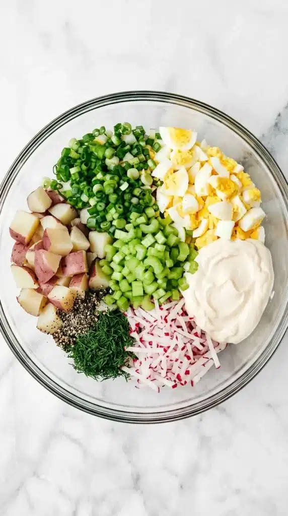 Classic Potato Salad Recipe : The Best Easy Summer Side 7 Classic Potato Salad ingredients with potatoes, eggs, celery, radishes, dill, and mayonnaise