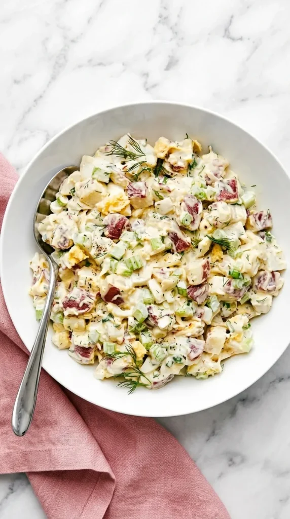 Classic Potato Salad with red potatoes, eggs, celery, spring onions, dill, and creamy mayonnaise