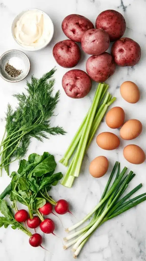 Classic Potato Salad Recipe : The Best Easy Summer Side 6 Classic Potato Salad ingredients with red potatoes, eggs, celery, radishes, dill, and mayonnaise