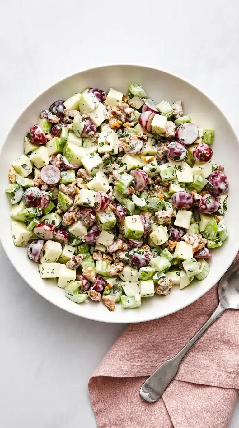 home 6 Waldorf Salad with crisp apples, red grapes, celery, toasted walnuts, and creamy yogurt dressing
