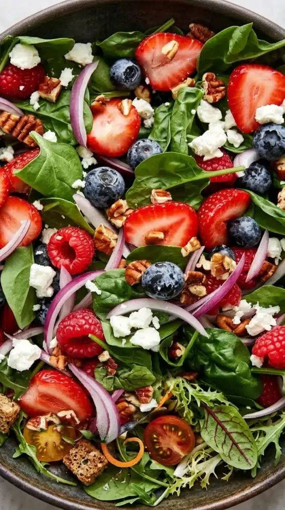 Berry Spinach Salad Recipe | Fresh, Colorful, Easy Lunch 8 Close up of Berry Spinach Salad with spinach, berries, goat cheese, pecans, and red onion.