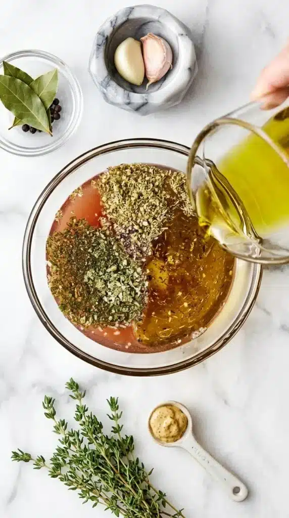 Italian Dressing recipe : Amazing Fresh Flavor in 5 Minutes 7 Italian Dressing ingredients with olive oil, vinegar, garlic, and herbs being combined in a glass bowl