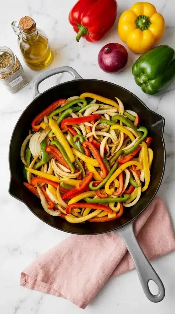 Chicken Fajitas Recipe | Amazing Easy 30 Minute Meal 7 Chicken Fajitas peppers and onions sauteing in a cast iron skillet