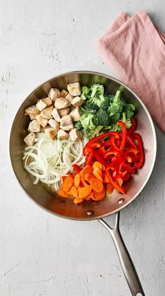 Chicken Stir Fry vegetables cooking in a skillet with broccoli, peppers, onions, and carrots