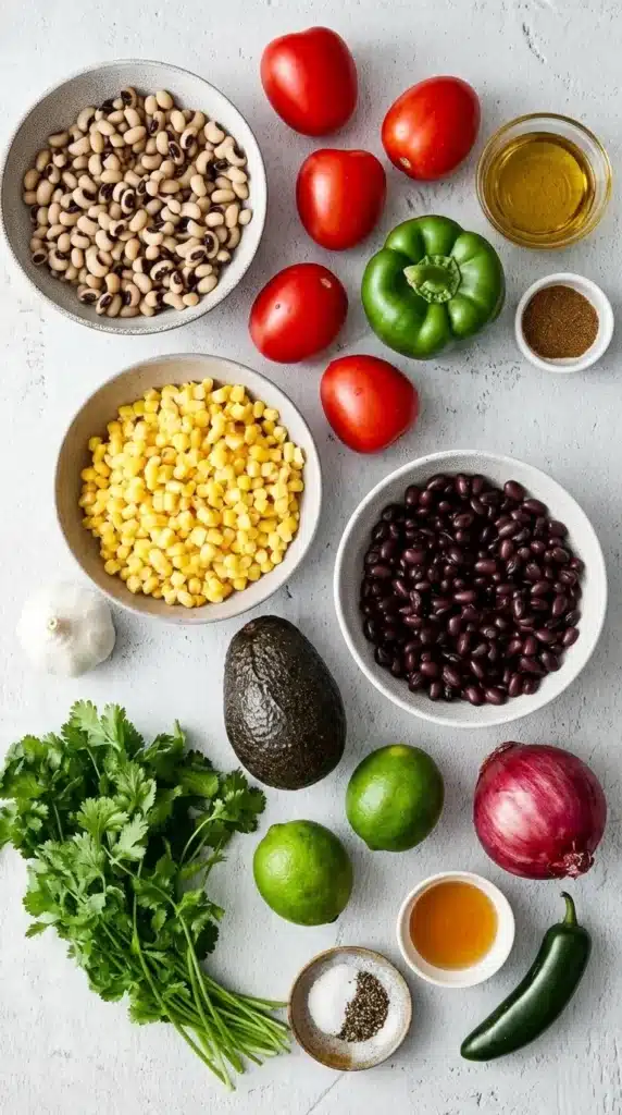 Cowboy Caviar ingredients with beans, corn, avocado, tomatoes, peppers, lime, and cilantro
