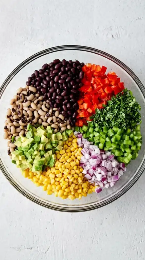Cowboy Caviar ingredients with beans, corn, avocado, tomatoes, peppers, onion, and cilantro