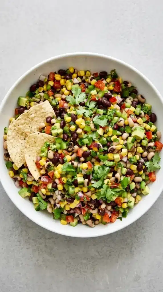 Cowboy Caviar with black beans, corn, avocado, cilantro, and crispy tortilla chips