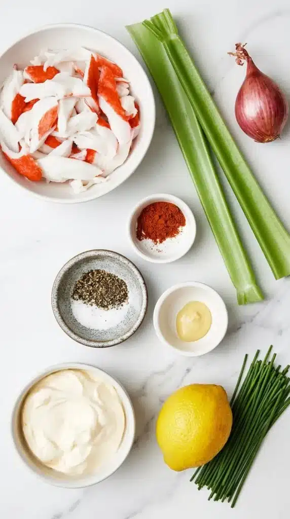 Crab Salad ingredients with crab meat, celery, mayonnaise, lemon, shallot, mustard, and chives.