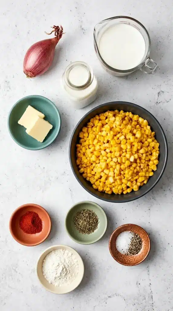 Creamed Corn Recipe for a Cozy Thanksgiving Side 6 Creamed Corn ingredients with sweet corn, cream, milk, butter, shallot, flour, thyme, and spices
