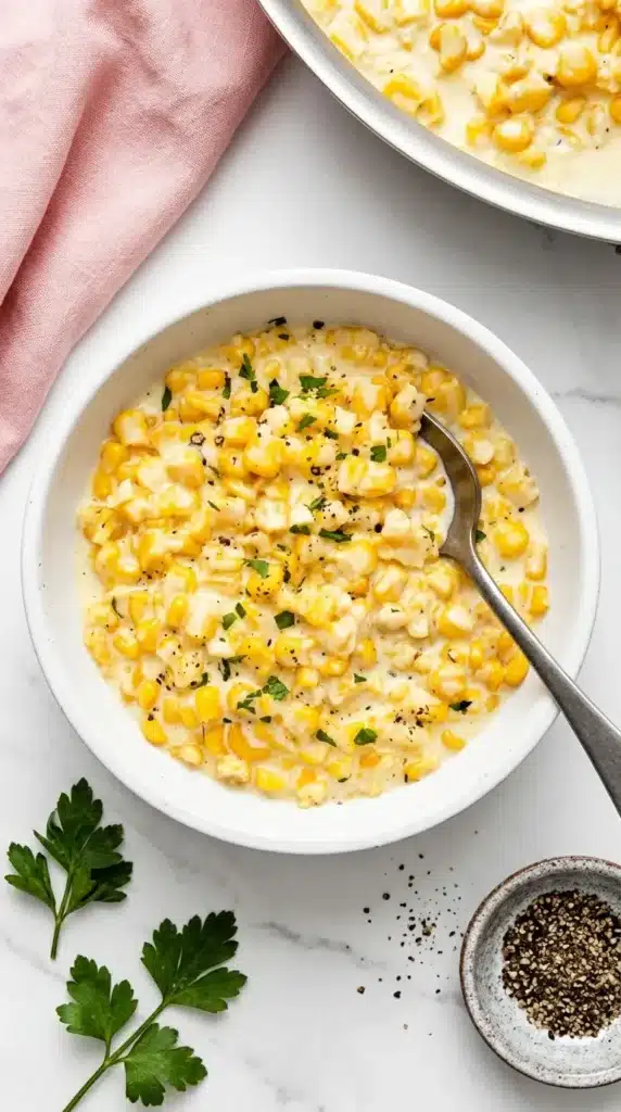 Creamed Corn Recipe for a Cozy Thanksgiving Side 8 Creamed Corn served in a bowl with fresh herbs and cracked black pepper
