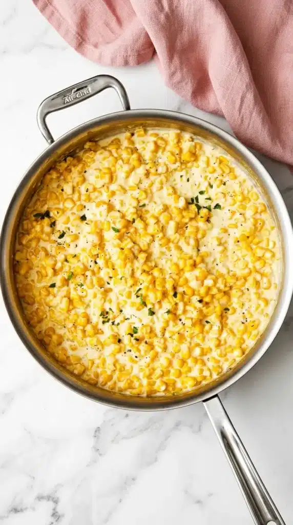 Creamed Corn with sweet corn kernels, rich cream sauce, herbs, and black pepper
