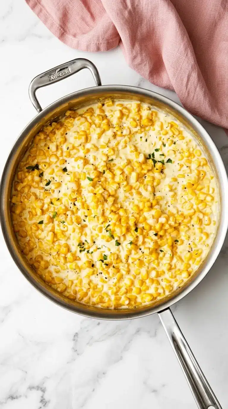 Creamed Corn with sweet corn kernels, rich cream sauce, herbs, and black pepper