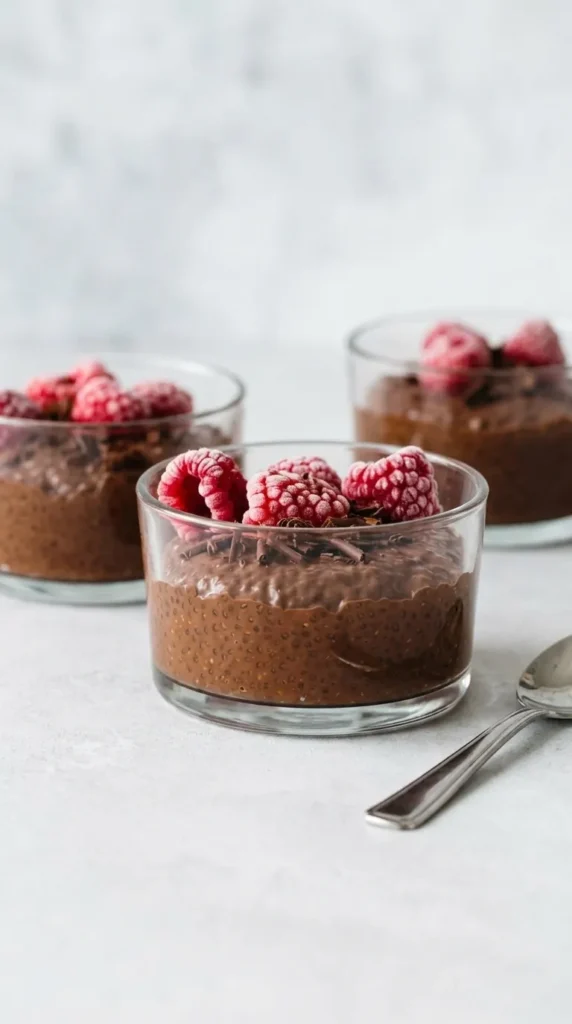 Creamy Chocolate Chia Pudding in a glass bowl with raspberries