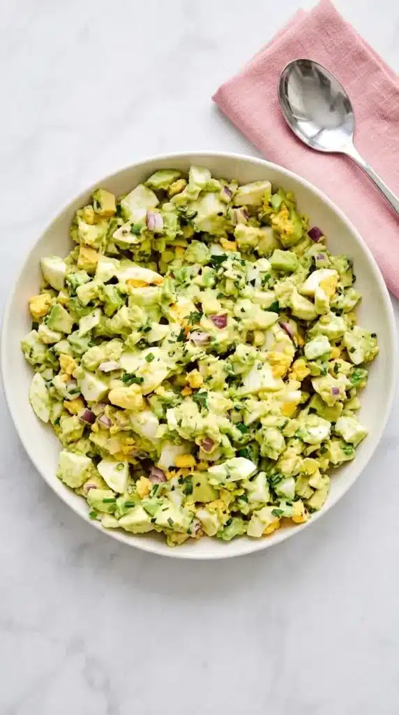 Close up of creamy Avocado Egg Salad with chunky eggs, avocado, red onion, and fresh herbs