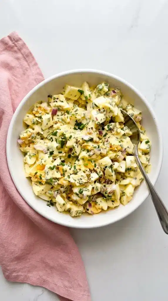 Creamy chunky Egg Salad with fresh herbs, red onion, Dijon mustard, and cracked black pepper
