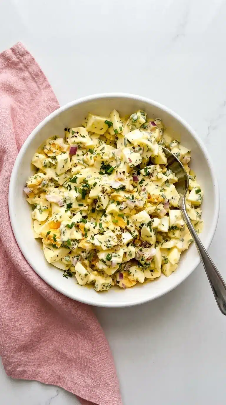 Creamy chunky Egg Salad with fresh herbs, red onion, Dijon mustard, and cracked black pepper