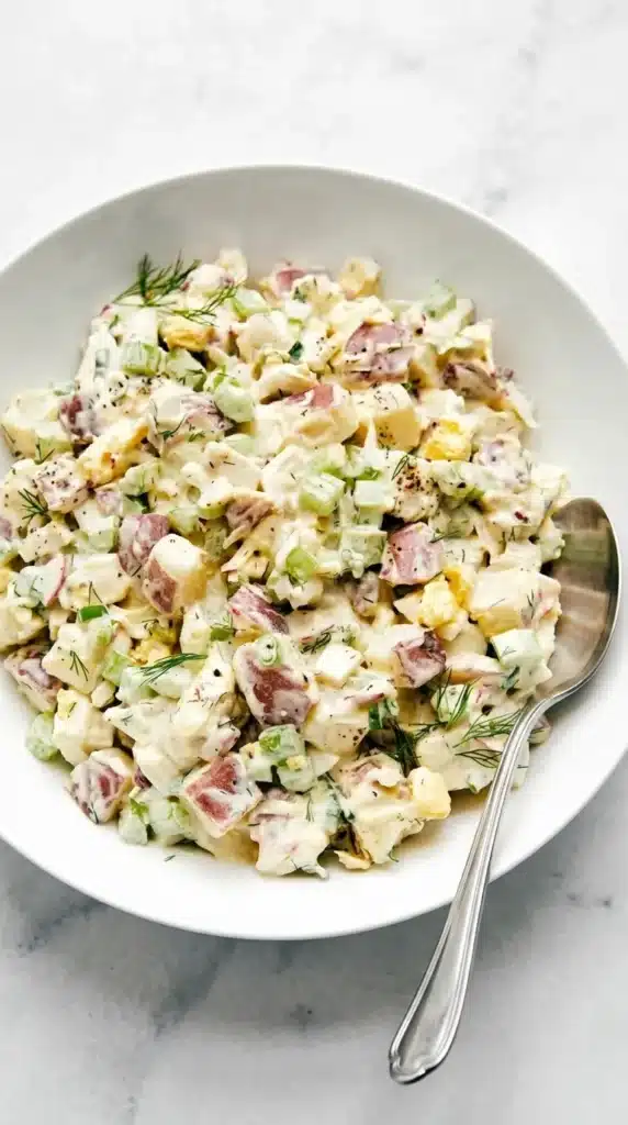 Classic Potato Salad Recipe : The Best Easy Summer Side 8 Close-up of creamy Classic Potato Salad with red potatoes, eggs, celery, dill, and spring onions